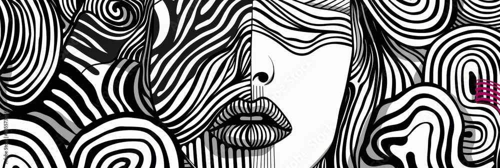 Poster abstract face art: black and white lines - a black and white abstract illustration of a face with a 