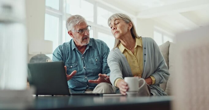 Divorce, stress and senior couple with laptop fight on sofa frustrated with debt, liar or gambling, poker or bingo addiction at home. Marriage, crisis and angry old people argue for pc search history