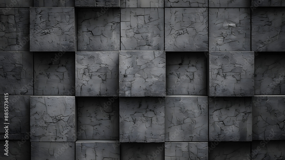 Poster a black and white photo of a wall made of gray blocks. the blocks are arranged in a grid pattern, wi