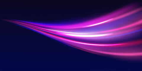 Light motion trails. High speed effect motion blur night lights in blue and red colors, abstract flash perspective road glow streaks long time exposure vector set on transparent background