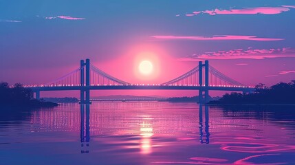 Obraz premium Bridge Sunset - A large bridge spans a river at sunset, the water reflects the vibrant pink and purple colors of the sky, creating a serene and peaceful atmosphere.