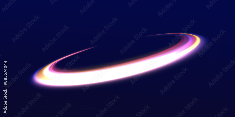 Poster Abstract bright neon loop with transparency. Glowing spiral cover.Neon light circle of speed in the form of a round whirlpool.