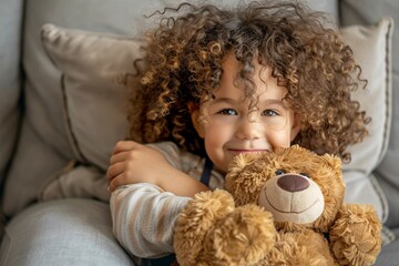 Image of a child with curly hair hugging a stuffed teddy bear indoors