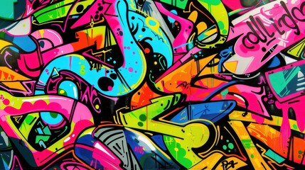 Fototapeta premium Vibrant graffiti mural with pink, yellow, green, and blue colors on a brick wall.