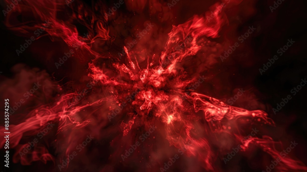 Wall mural a burst of smoke explodes outward from a central point, surrounded by eerie red glows that cast shad