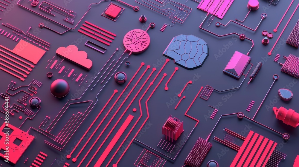 Poster abstract circuit board design with red and pink color scheme - an abstract representation of a circu
