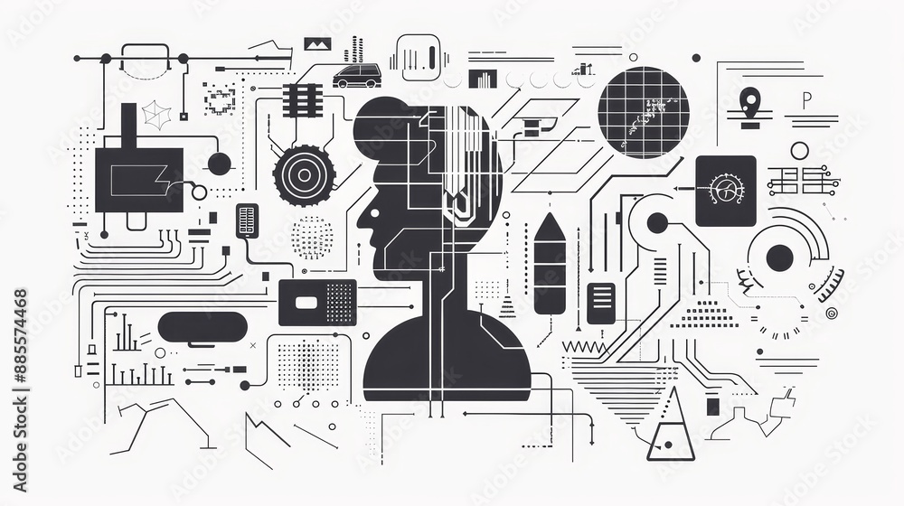 Aufkleber human silhouette connected to abstract circuitry - abstract representation of a human silhouette con