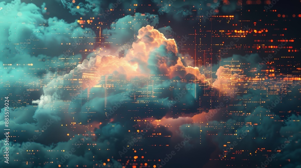 Poster digital cloudscape - a digital abstract painting depicting a cloud formation with glowing, digital l