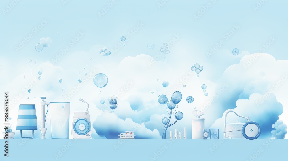 Fototapete blue sky and clouds with objects - a blue sky with fluffy white clouds and several objects placed in