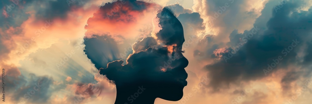 Poster silhouette of a person in the clouds - a silhouette of a person's head is merged with clouds, creati