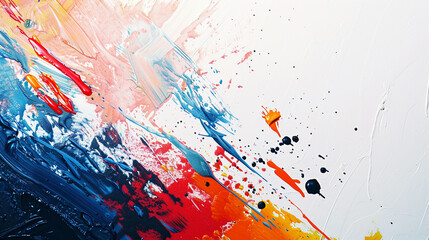 Modern abstract background with splashes of paint and bold, contrasting colors, set against a minimalist white backdrop