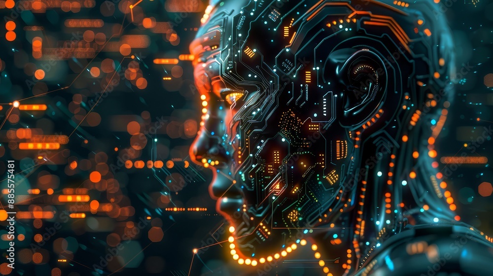 Poster cyborg face with circuitry - a digital illustration of a cyborg's face. the face is made up of circu