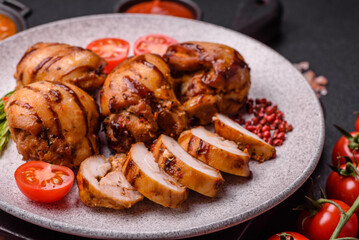 Delicious baked chicken or turkey shish kebab on a skewer