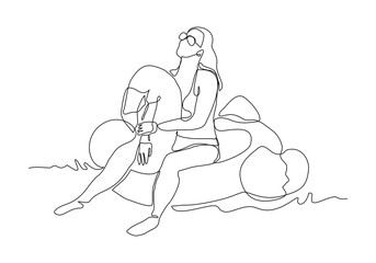 Continuous single line sketch drawing beach vacation summer travel woman relaxing with swimming pool inflatable flamingo float toy vector illustration