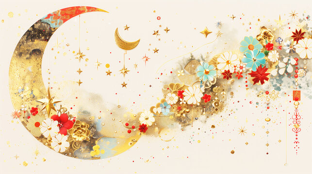 abstract ethereal moon background with warm golden glittering stars, decorated with various flowers, a dreamy appearance of crescent moon in the sky, a magical and festive mood for a holiday theme