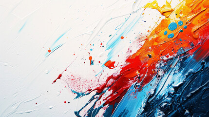 Modern abstract background with splashes of paint and bold, contrasting colors, set against a minimalist white backdrop