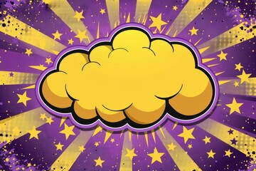 Minimalist comic book style yellow cloud speech bubble on a vibrant purple starburst background