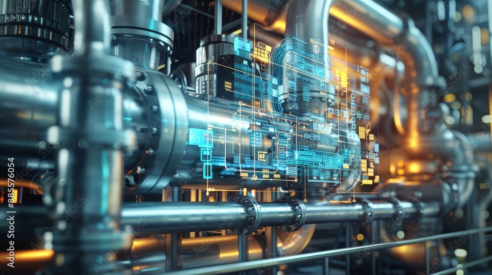 Poster industrial automation and digital transformation - a close-up shot of an industrial machine with dig