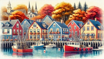 Autumn in Lunenburg, Nova Scotia, Canada with heritage buildings, fishing boats and vibrant trees