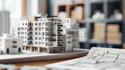 Architectural prototype model next to a detailed sketch, close up, design development concept, realistic, composite, urban backdrop