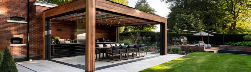 Obraz premium Brick and wood pavilion with glass roof, copy space, outdoor living, dynamic, silhouette, garden backdrop