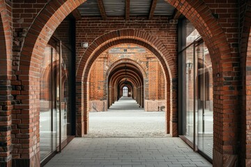 Obraz premium Brick arches with glass inlays, focus on, historic meets modern concept, ethereal, overlay, restored building backdrop