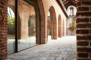 Obraz premium Brick arches with glass inlays, focus on, historic meets modern concept, ethereal, overlay, restored building backdrop