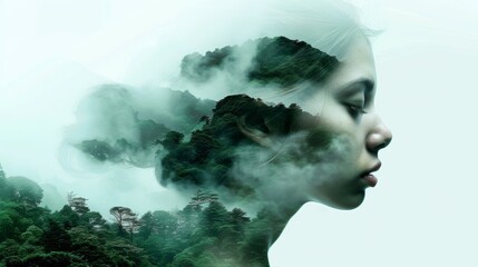 Double exposure combines a womans face high mountains and forest. Panoramic view. The concept of the unity of nature and man. Dream reminisce or plan a climb. Memory of a mountaineer. Illustration.
