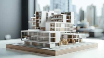 Conceptual sketch paired with a model of a mixed-use building plan, close up, integrated living concept, futuristic, manipulation, downtown backdrop