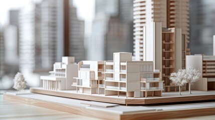 Conceptual sketch paired with a model of a mixed-use building plan, close up, integrated living concept, futuristic, manipulation, downtown backdrop