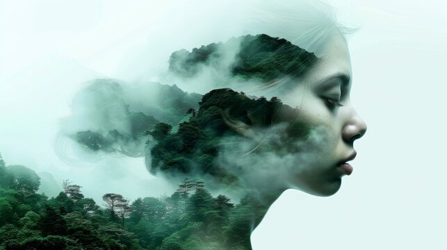 Double exposure combines a womans face high mountains and forest. Panoramic view. The concept of the unity of nature and man. Dream reminisce or plan a climb. Memory of a mountaineer. Illustration.