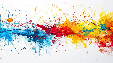 Modern abstract background with splashes of paint and bold, contrasting colors, set against a minimalist white backdrop