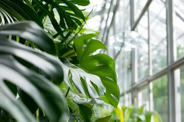 Glass conservatory with tropical plants, close up, indoor jungle concept, futuristic, manipulation, botanical garden backdrop