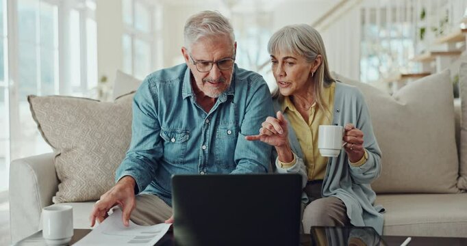 Laptop, documents and senior couple on a sofa with love, planning and checking budget, savings or pension fund at home. Retirement, tax or old people online in living room with investment application