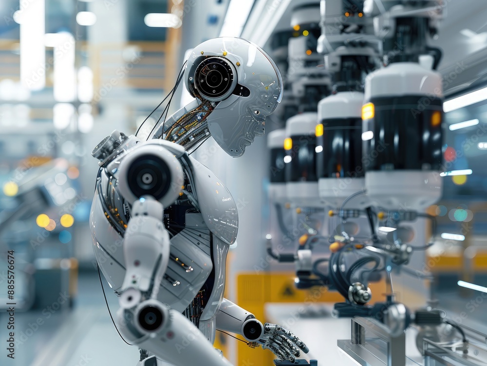 Poster a humanoid machine performing precise operations in an industrial setting, showcasing its functional