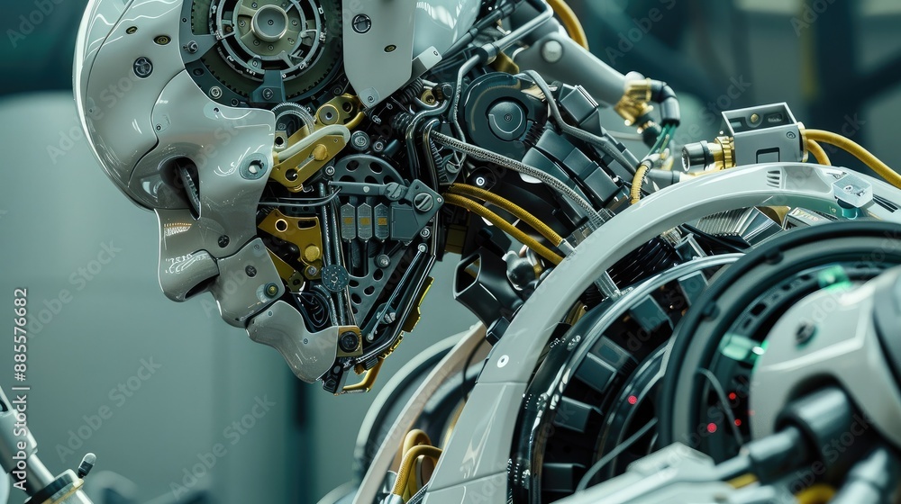 Aufkleber a detailed view of a humanoid machine's internal mechanisms, illustrating its complex operation, dev
