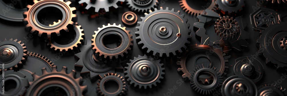 Poster black and copper gears - close up shot of intricate gears, black and copper, creating a striking vis