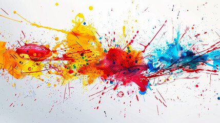 Modern abstract background with splashes of paint and bold, contrasting colors, set against a minimalist white backdrop