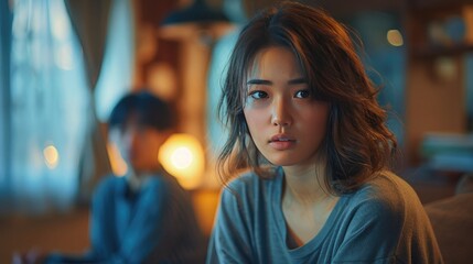 Breakup scene with an Asian couple, the young woman angry and upset, while the man looks depressed, highlighting relationship troubles and family issues