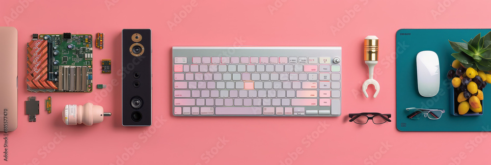 Poster computer keyboard and accessories on pink background - a flatlay of a computer keyboard and various 