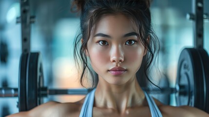 Fototapeta premium Fit Asian woman lifting weights in gym, determined expression. Emphasizing strength training and fitness