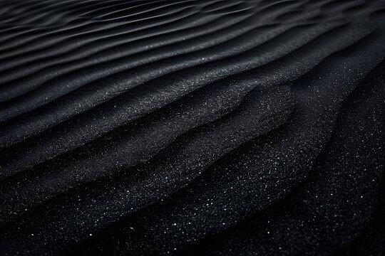 Black Sand dune. Black Sand beach macro photography. Background, texture, wave pattern of oceanic sand on the beach, black. Texture of beach sand. Black beach.
