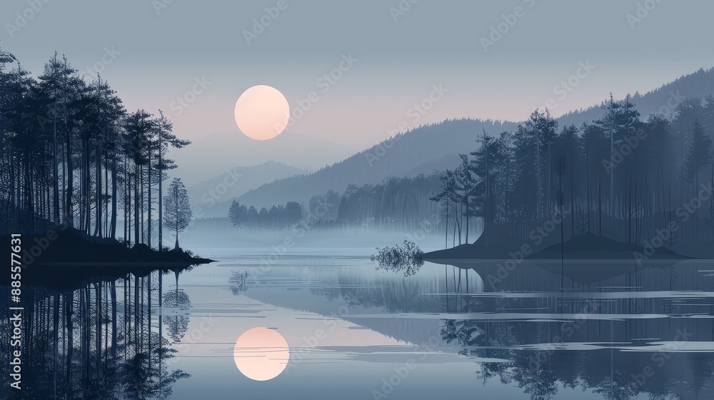 Poster tranquil lake with misty forest and moon - a serene image of a tranquil lake reflecting a misty fore