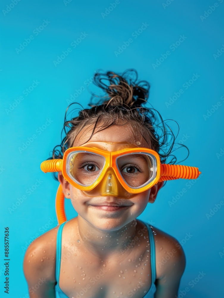 Wall mural a young girl wearing a pair of bright yellow goggles, possibly for swimming or diving