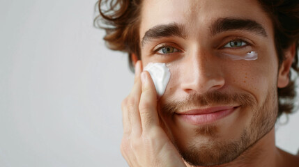A young man with blue eyes applying moisturizing cream