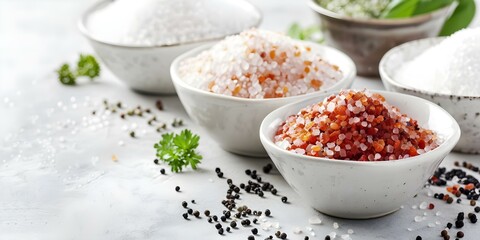 Various gourmet salts in bowls including Hawaiian lava Indus Fleur de sel. Concept Gourmet Salts, Bowls, Hawaiian Lava Salt, Indus Salt, Fleur de Sel