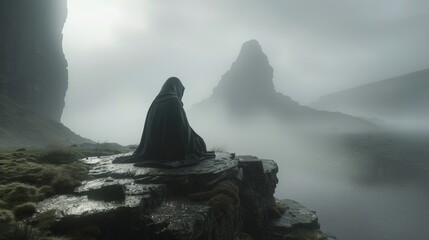 Mysterious figure overlooking foggy mountain landscape