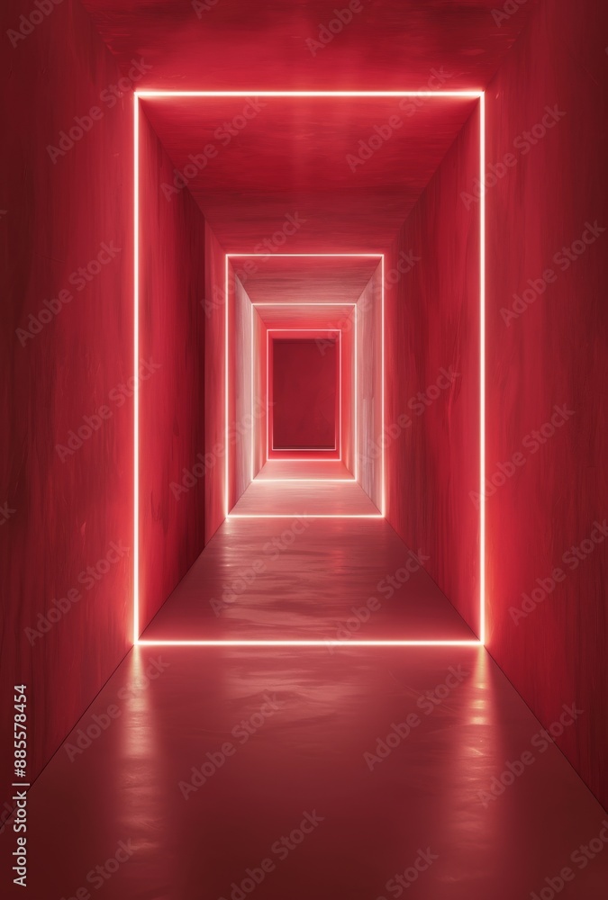 Poster minimalist red background with white led strip creating geometric tunnel effect