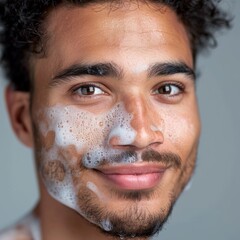 Obraz premium A cheerful young man with a beard, applying facial foam for a fresh look