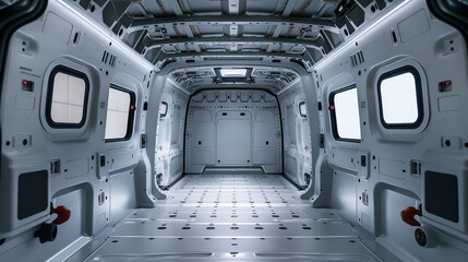 Obraz premium The interior of a large vehicle, possibly a van or a truck. The space is spacious, with a high ceiling and a long floor. The walls and ceiling are lined with a white, smooth material, possibly metal 